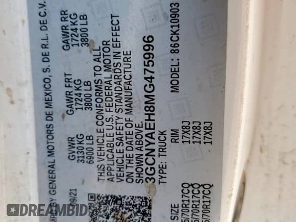 2021 Chevrolet Silverado 1500 Work Truck with VIN 3GCNYAEH8MG475996, listed as a Copart auction lot 80923015 with 130,707 mi miles and Clean title. Bid and sale history available at DreamBid. Image 12.