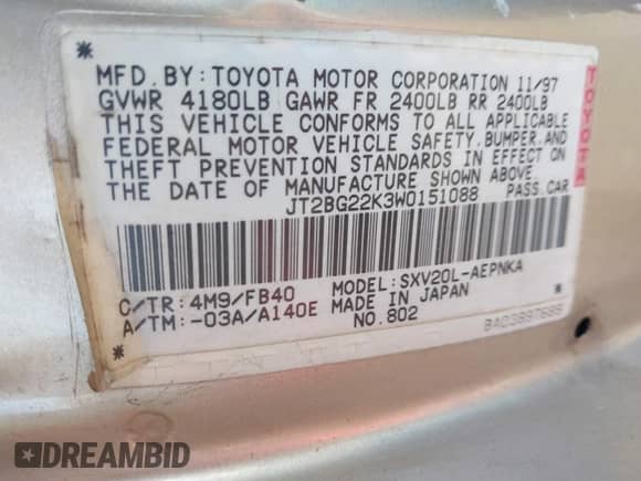 1998 Toyota Camry LE with VIN JT2BG22K3W0151088, listed as a IAAI auction lot 41429977 with 435,394 mi miles and . Bid and sale history available at DreamBid. Image 9.