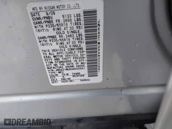 2010 Nissan Murano SL with VIN JN8AZ1MU8AW000991, listed as a IAAI auction lot 42182796 with 150,700 mi miles and . Bid and sale history available at DreamBid. Image 9.