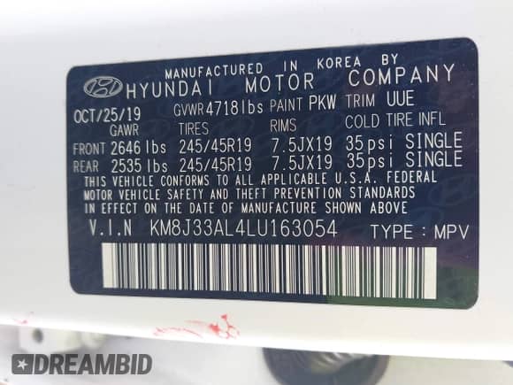 2020 Hyundai Tucson SEL with VIN KM8J33AL4LU163054, listed as a IAAI auction lot 43393686 with 70,141 mi miles and . Bid and sale history available at DreamBid. Image 9.