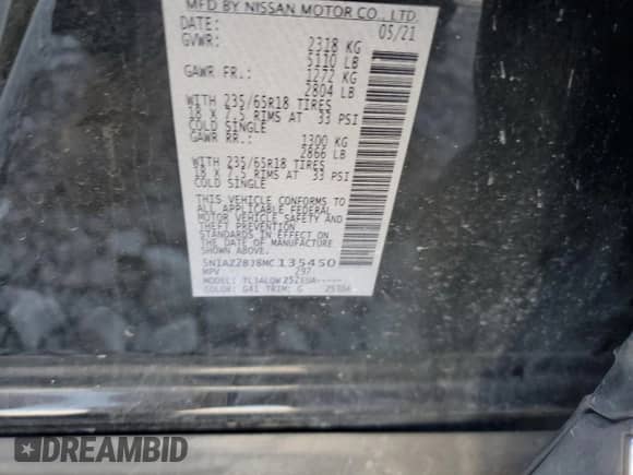 2021 Nissan Murano SV with VIN 5N1AZ2BJ8MC135450, listed as a Copart auction lot 80383685 with 102,702 mi miles and Salvage title. Bid and sale history available at DreamBid. Image 14.