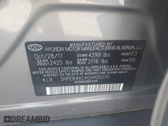 2012 Hyundai Sonata GLS z VIN 5NPEB4AC4CH405270, wystawiony jako IAAI lot #43577261 z przebiegiem 130 282 mil mil oraz . Historia ofert i sprzedaży dostępna na DreamBid. Obrazek 9.