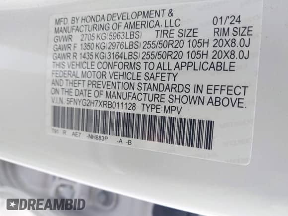 2024 Honda Pilot Touring с VIN 5FNYG2H7XRB011128, выставлен на аукционе IAAI как лот 43011514 с пробегом 24 617 миль миль и . История ставок и продаж доступна на DreamBid. Изображение 9.