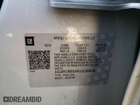 2019 Chevrolet Volt LT z VIN 1G1RC6S5XKU130818, wystawiony jako Copart lot #45460512 z przebiegiem 28 589 mil mil oraz . Historia ofert i sprzedaży dostępna na DreamBid. Obrazek 10.