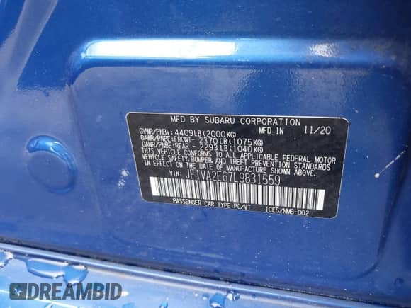 2020 Subaru WRX STI with VIN JF1VA2E67L9831559, listed as a IAAI auction lot 42574564 with 67,333 mi miles and . Bid and sale history available at DreamBid. Image 9.