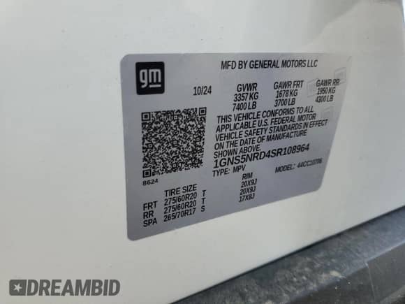 2025 Chevrolet Tahoe LT с VIN 1GNS5NRD4SR108964, выставлен на аукционе Copart как лот 88092565 с пробегом 2 655 миль миль и Списание • Salvage title. История ставок и продаж доступна на DreamBid. Изображение 16.