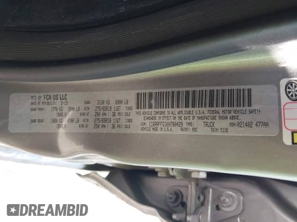 2019 Ram 1500 Big Horn z VIN 1C6RRFFG1KN780429, wystawiony jako IAAI lot #43109966 z przebiegiem 59 374 mil mil oraz . Historia ofert i sprzedaży dostępna na DreamBid. Obrazek 9.