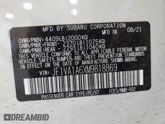 2021 Subaru WRX with VIN JF1VA1A6XM9818869, listed as a Copart auction lot 55393895 with 73,385 mi miles and Salvage title. Bid and sale history available at DreamBid. Image 13.