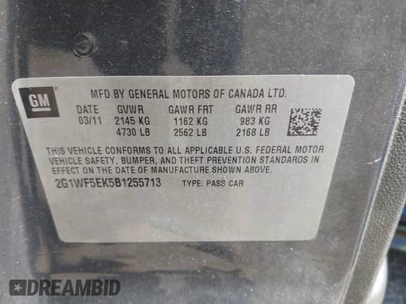 2011 Chevrolet Impala LS Fleet с VIN 2G1WF5EK5B1255713, выставлен на аукционе IAAI как лот 43495422 с пробегом 158 013 миль миль и . История ставок и продаж доступна на DreamBid. Изображение 9.