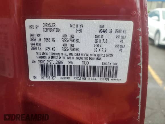 1996 Dodge 1500 with VIN 1B7HC16Y2TJ139882, listed as a Copart auction lot 57718955 with 108,136 mi miles and Clean title. Bid and sale history available at DreamBid. Image 12.