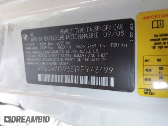 2009 BMW M3 with VIN WBSWD93519PY43499, listed as a IAAI auction lot 41373944 with 86,466 mi miles and . Bid and sale history available at DreamBid. Image 9.