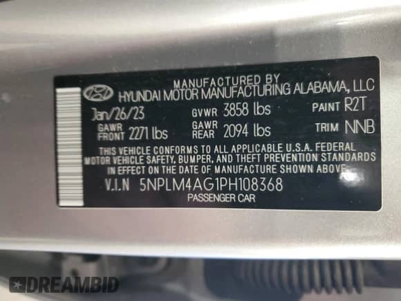 2023 Hyundai Elantra SEL с VIN 5NPLM4AG1PH108368, выставлен на аукционе Copart как лот 56504645 с пробегом 43 109 миль миль и Списание • Salvage title. История ставок и продаж доступна на DreamBid. Изображение 12.
