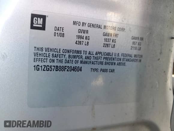 2008 Chevrolet Malibu 1FL с VIN 1G1ZG57B88F204604, выставлен на аукционе Copart как лот 65968575 с пробегом Не указан миль и Списание • Salvage title. История ставок и продаж доступна на DreamBid. Изображение 12.