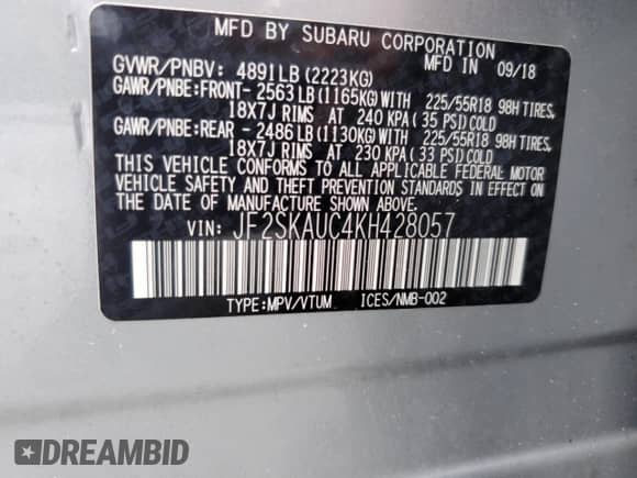 2019 Subaru Forester Limited с VIN JF2SKAUC4KH428057, выставлен на аукционе Copart как лот 84422835 с пробегом 54 003 миль миль и Списание • Salvage title. История ставок и продаж доступна на DreamBid. Изображение 14.