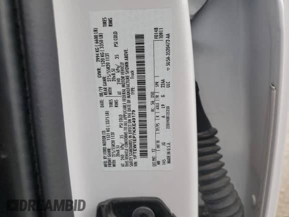 2019 Ford F-150 XL with VIN 1FTEW1EP7KKE49179, listed as a Copart auction lot 80226375 with 57,758 mi miles and Salvage title. Bid and sale history available at DreamBid. Image 12.