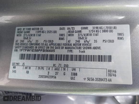 2023 Ford F-150 XL z VIN 1FTFW1E58PFB56605, wystawiony jako IAAI lot #43378589 z przebiegiem 57 790 mil mil oraz . Historia ofert i sprzedaży dostępna na DreamBid. Obrazek 9.