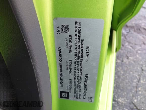 2014 Chevrolet Spark LS with VIN KL8CB6S97EC512293, listed as a IAAI auction lot 43315388 with 59,294 mi miles and . Bid and sale history available at DreamBid. Image 9.