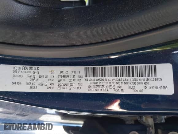 2020 Ram 1500 Longhorn with VIN 1C6SRFKT5LN185329, listed as a IAAI auction lot 41709711 with 78,586 mi miles and . Bid and sale history available at DreamBid. Image 9.
