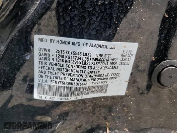 2019 Honda Pilot EX-L z VIN 5FNYF5H59KB016443, wystawiony jako Copart lot #58812655 z przebiegiem 165 055 mil mil oraz Szkoda całkowita • Salvage title. Historia ofert i sprzedaży dostępna na DreamBid. Obrazek 14.