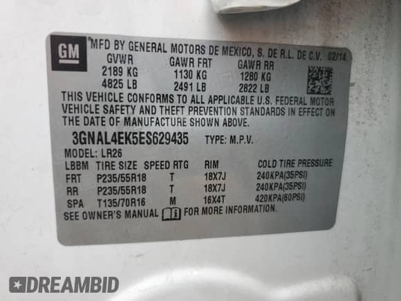 2014 Chevrolet Captiva Sport LTZ with VIN 3GNAL4EK5ES629435, listed as a Copart auction lot 82458595 with 119,160 mi miles and Salvage title. Bid and sale history available at DreamBid. Image 13.