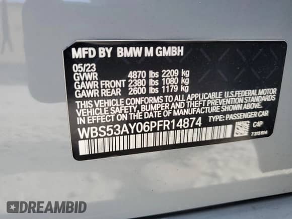 2023 BMW M3 с VIN WBS53AY06PFR14874, выставлен на аукционе Copart как лот 60153455 с пробегом 28 407 миль миль и Списание • Salvage title. История ставок и продаж доступна на DreamBid. Изображение 13.