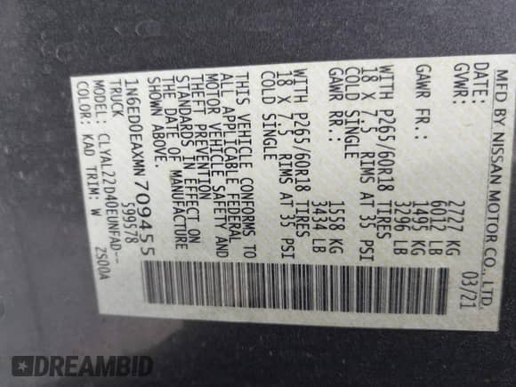 2021 Nissan Frontier SV with VIN 1N6ED0EAXMN709455, listed as a IAAI auction lot 43250918 with 31,370 mi miles and . Bid and sale history available at DreamBid. Image 9.