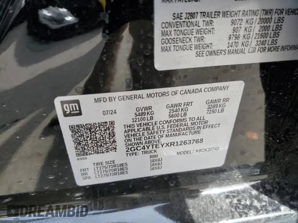 2024 Chevrolet Silverado 3500 с VIN 2GC4YTEYXR1263768, выставлен на аукционе Copart как лот 77661994 с пробегом Не указан миль и Списание • Salvage title. История ставок и продаж доступна на DreamBid. Изображение 12.
