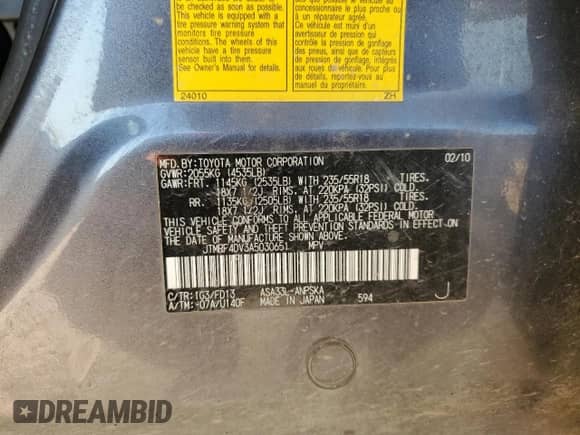 2010 Toyota RAV4 Sport with VIN JTMRF4DV3A5030651, listed as a Copart auction lot 81797365 with 200,582 mi miles and Salvage title. Bid and sale history available at DreamBid. Image 13.