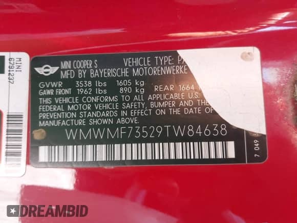 2009 MINI Hardtop S with VIN WMWMF73529TW84638, listed as a IAAI auction lot 42565544 with 60,721 mi miles and . Bid and sale history available at DreamBid. Image 9.
