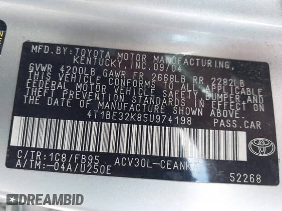 2005 Toyota Camry STD with VIN 4T1BE32K85U974198, listed as a IAAI auction lot 42879062 with 269,935 mi miles and . Bid and sale history available at DreamBid. Image 9.