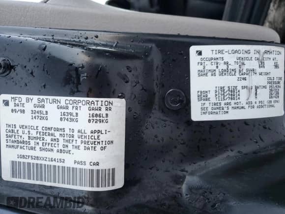 1999 Saturn SL с VIN 1G8ZF528XXZ164152, выставлен на аукционе Copart как лот 88041905 с пробегом 175 709 миль миль и Списание • Salvage title. История ставок и продаж доступна на DreamBid. Изображение 12.
