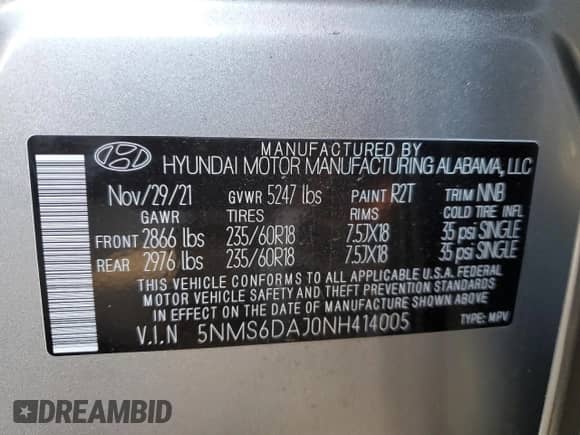 2022 Hyundai Santa Fe XRT с VIN 5NMS6DAJ0NH414005, выставлен на аукционе Copart как лот 66886692 с пробегом 4 585 миль миль и . История ставок и продаж доступна на DreamBid. Изображение 10.