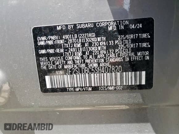 2025 Subaru Forester Premium z VIN JF2SLDBC5SH407820, wystawiony jako Copart lot #69039875 z przebiegiem 4 768 mil mil oraz Szkoda całkowita • Salvage title. Historia ofert i sprzedaży dostępna na DreamBid. Obrazek 14.