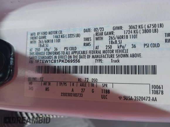 2023 Ford F-150 XL с VIN 1FTEW1C81PKD69556, выставлен на аукционе IAAI как лот 42503233 с пробегом 57 679 миль миль и . История ставок и продаж доступна на DreamBid. Изображение 9.