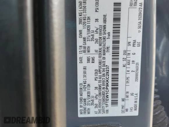 2019 Ford F-150 XL с VIN 1FTEW1CP9KKC29237, выставлен на аукционе Copart как лот 70130015 с пробегом 220 489 миль миль и Списание • Salvage title. История ставок и продаж доступна на DreamBid. Изображение 12.