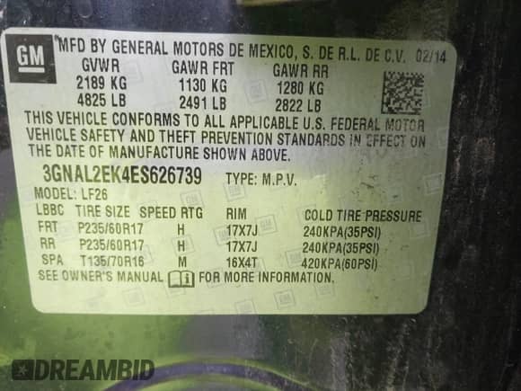 2014 Chevrolet Captiva Sport LS z VIN 3GNAL2EK4ES626739, wystawiony jako IAAI lot #42160552 z przebiegiem 89 584 mil mil oraz . Historia ofert i sprzedaży dostępna na DreamBid. Obrazek 9.