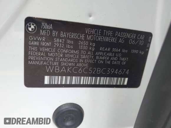 2011 BMW 7 Series 750i xDrive with VIN WBAKC6C52BC394674, listed as a IAAI auction lot 42973981 with 114,659 mi miles and . Bid and sale history available at DreamBid. Image 9.