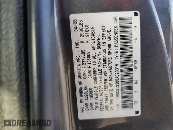 2008 Honda Accord LX-S с VIN 1HGCS12388A020315, выставлен на аукционе Copart как лот 84940975 с пробегом 115 758 миль миль и Списание • Salvage title. История ставок и продаж доступна на DreamBid. Изображение 12.