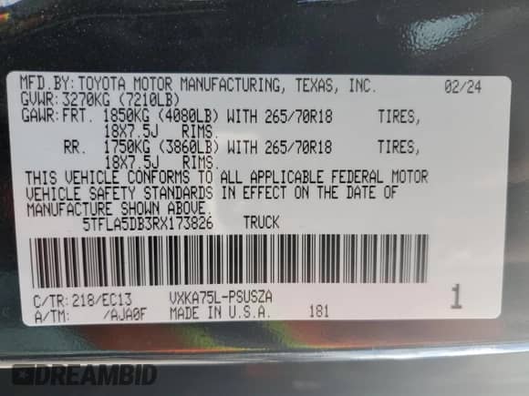 2024 Toyota Tundra SR5 с VIN 5TFLA5DB3RX173826, выставлен на аукционе Copart как лот 87266245 с пробегом 9 950 миль миль и Списание • Salvage title. История ставок и продаж доступна на DreamBid. Изображение 12.