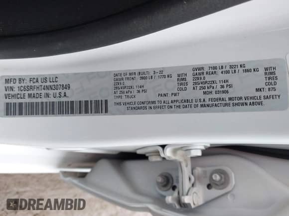 2022 Ram 1500 Limited z VIN 1C6SRFHT4NN307849, wystawiony jako IAAI lot #41868725 z przebiegiem 105 294 mil mil oraz . Historia ofert i sprzedaży dostępna na DreamBid. Obrazek 9.