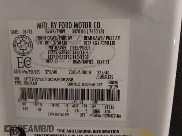 2012 Ford F-150 XL with VIN 1FTFW1ET3CKE26288, listed as a IAAI auction lot 41528028 with 158,742 mi miles and . Bid and sale history available at DreamBid. Image 9.