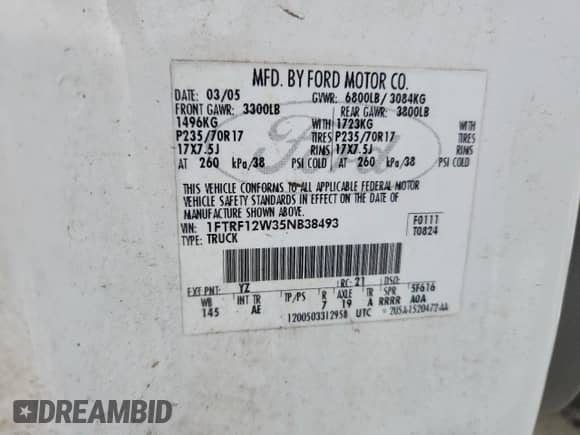 2005 Ford F-150 XL z VIN 1FTRF12W35NB38493, wystawiony jako Copart lot #84461005 z przebiegiem 142 706 mil mil oraz Szkoda całkowita • Salvage title. Historia ofert i sprzedaży dostępna na DreamBid. Obrazek 12.