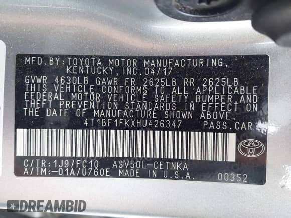 2017 Toyota Camry SE with VIN 4T1BF1FKXHU426347, listed as a IAAI auction lot 43387022 with 51,102 mi miles and . Bid and sale history available at DreamBid. Image 9.