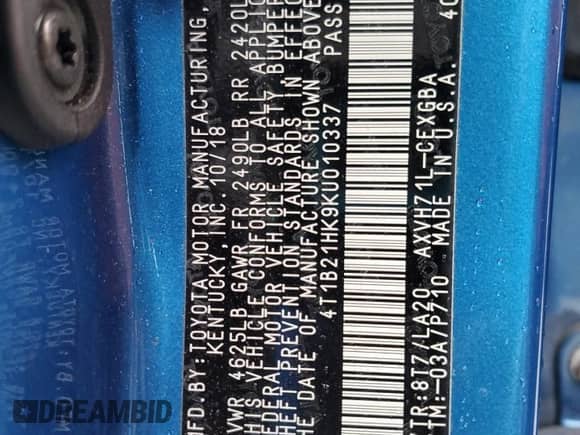 2019 Toyota Camry Hybrid LE с VIN 4T1B21HK9KU010337, выставлен на аукционе Copart как лот 84294555 с пробегом 35 132 миль миль и Списание • Salvage title. История ставок и продаж доступна на DreamBid. Изображение 12.