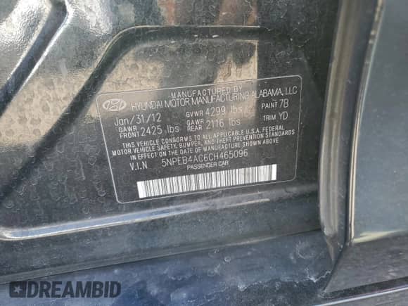 2012 Hyundai Sonata GLS with VIN 5NPEB4AC6CH465096, listed as a Copart auction lot 87065605 with 172,136 mi miles and Salvage title. Bid and sale history available at DreamBid. Image 13.