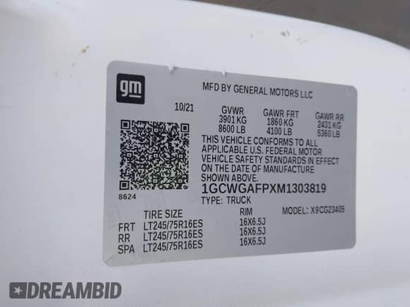 2021 Chevrolet Express Cargo with VIN 1GCWGAFPXM1303819, listed as a IAAI auction lot 43364830 with Not provided miles and . Bid and sale history available at DreamBid. Image 9.