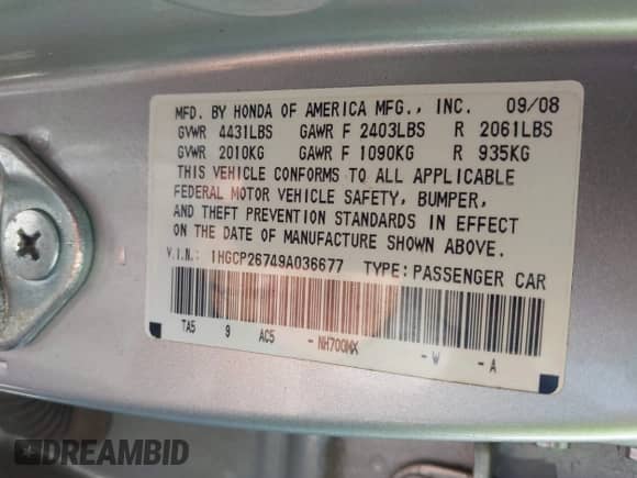 2009 Honda Accord EX z VIN 1HGCP26749A036677, wystawiony jako IAAI lot #43088069 z przebiegiem 213 245 mil mil oraz . Historia ofert i sprzedaży dostępna na DreamBid. Obrazek 9.