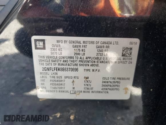 2014 Chevrolet Equinox LT with VIN 2GNFLFEK8E6370696, listed as a Copart auction lot 81686665 with 107,852 mi miles and Salvage title. Bid and sale history available at DreamBid. Image 13.