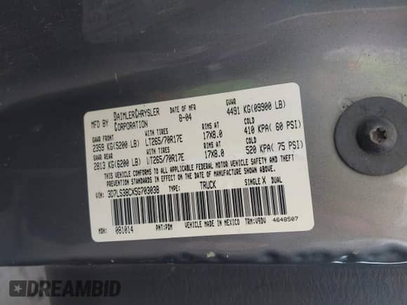 2005 Dodge 3500 SLT with VIN 3D7LS38CX5G703038, listed as a IAAI auction lot 43261771 with Not provided miles and . Bid and sale history available at DreamBid. Image 9.