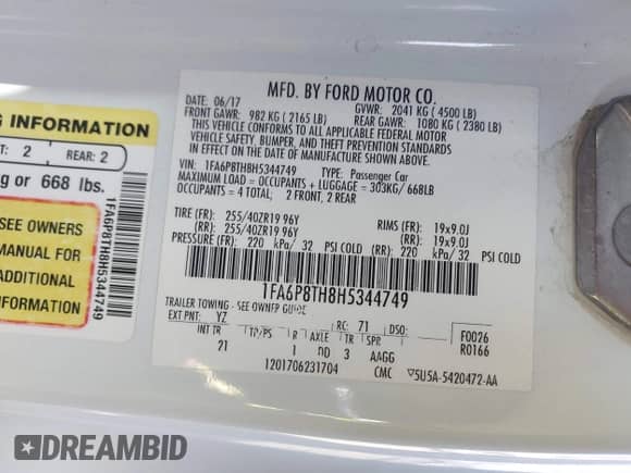 2017 Ford Mustang EcoBoost with VIN 1FA6P8TH8H5344749, listed as a IAAI auction lot 42974115 with 85,969 mi miles and . Bid and sale history available at DreamBid. Image 9.